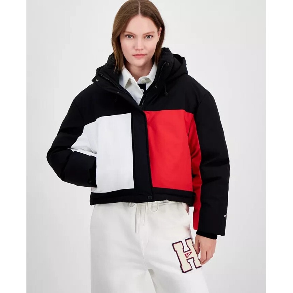 Tommy Hilfigure Jeans Women's Cropped Flag Puffer Jacket Size XS $249